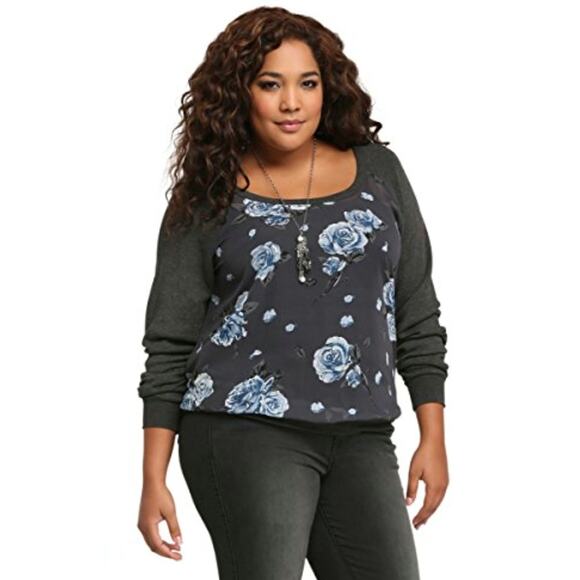 Torrid Raglan Sweatshirt Chiffon Front Size 2X Gray Blue Floral Cozy Luxe - Picture 2 of 9